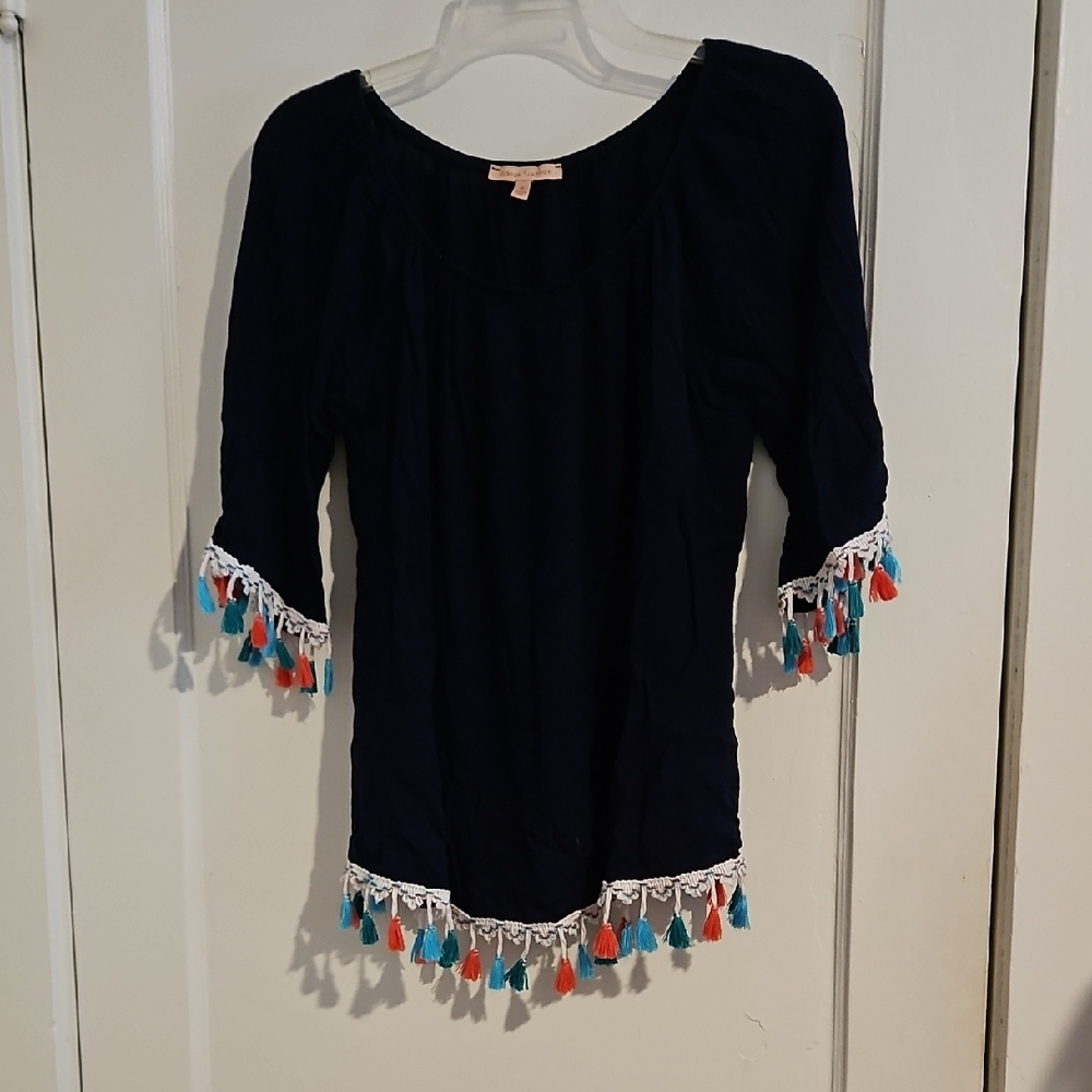 Gibson Latimer Navy Peasant Top with Multicolor Tassel Trim Size Medium